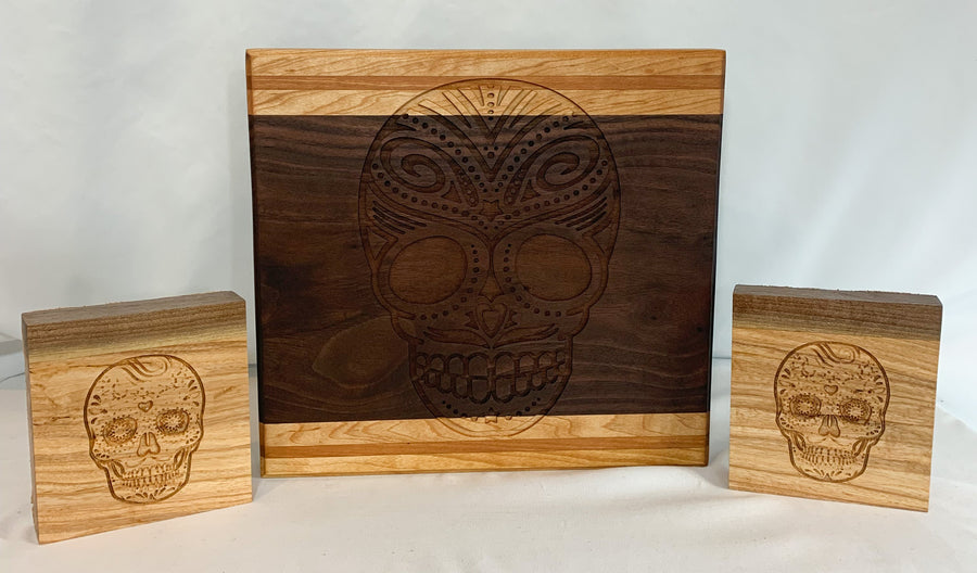 Sugar Skull Cutting Board & Wood Coaster Set